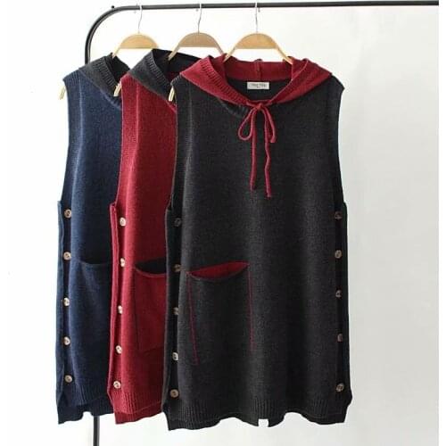 Fashion women spring autumn new 2xl-4xl Korean version loose knit pullover vest Medium length pocket hooded sweater vest Female