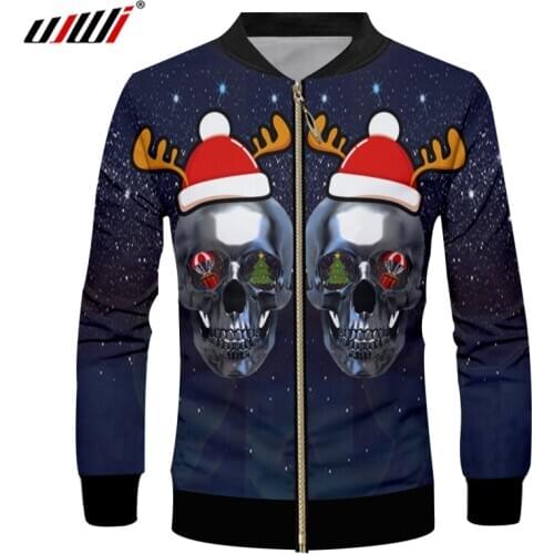 UJWI New Creative Starry Sky Tree 3D Printed Mens Zip Jacket Christmas Hat And Skulls Unisex Wholesale 5XL