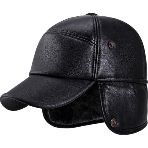 Black Faux Leather Mens Fur Winter Cap Protect Ears Bomber Hats Size 58cm