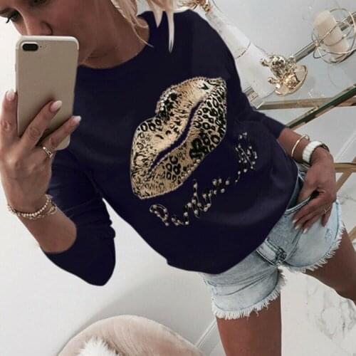 Long Sleeve Women Blouse And Tops Shirt Autumn Lips Letter Printed White Ladies Blouse For Female Tops Shirt O Neck Beading