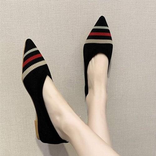 Women Flats Knitted Stretch Fabric Shallow Ladies Shoes Pointed Toe Low Heels Casual Woman Shoe Slip On Fashion 2021 New Flat