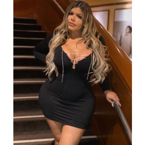 Womens Fashion Solid Color Long Sleeve Elastic Slim V-neck Bead Chain Short Bodycon Dress Sexy Party Plus Size Wholesale Lots