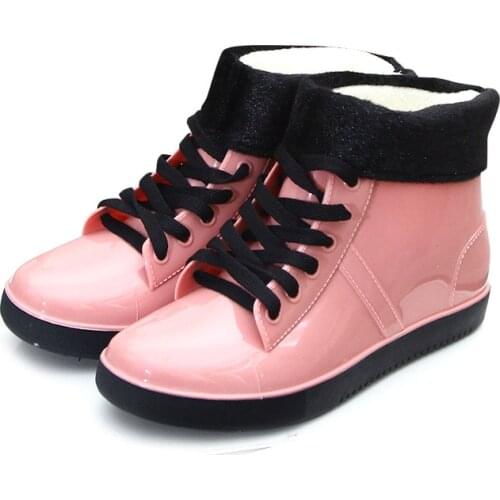 Womens rain shoes plus velvet short tube rain boots ladies water-skiing shoes students solid-colored water boots rubber shoes