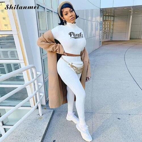 Pink Letter Print 2 Piece Sets Women 2021 Slim Streetwear Turtleneck Bodycon Crop Top Femlae + Skinny Pants Set Sexy Outfits 2XL