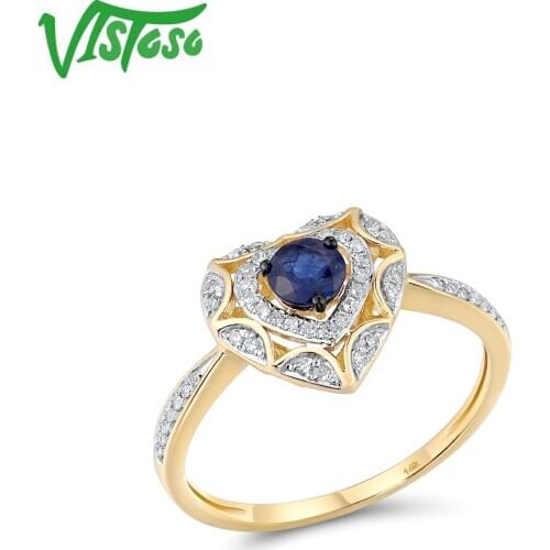 VISTOSO Genuine 14K 585 Yellow Gold Ring For Women Shiny Diamond Blue Sapphire Heart Ring Engagement Wedding Gift Fine Jewelry