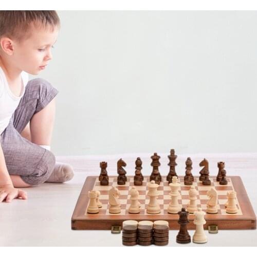 15 Inches 2-in-1 Mahogany Wooden Chess & Checkers Folding Chessboard Portable Chess Pieces Storage Case Board Game