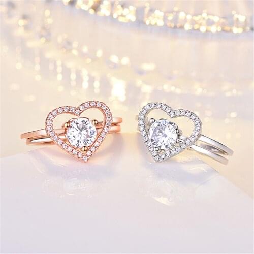 2 Pcs/Set Love Zircon Engagement Rings for Women Rose Gold Color Wedding Rings Female Crystals Jewelry Chic Accessories Gift