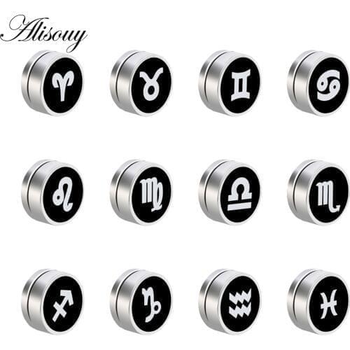 Alisouy 2 PCS No Piercing unisex Earrings Stainless Steel 12 Zodiac Constellation Magnetic Stud Earrings Magnet Fake ear Plugs