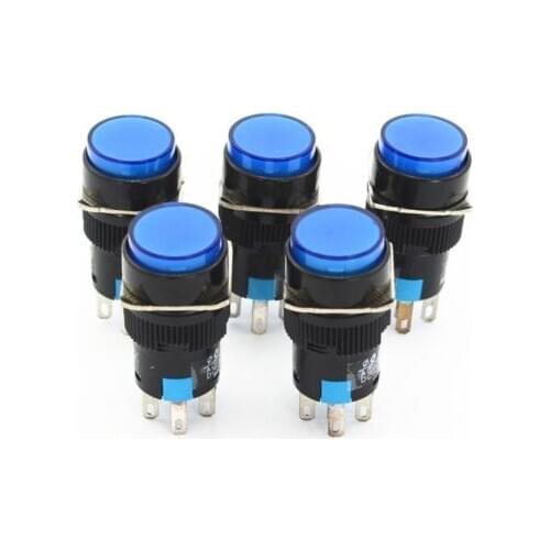 5Pcs AC220V Blue Light 5 Pins Momentary Round Push Button Switches