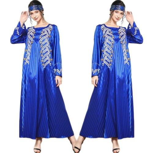 Abaya Muslim Women Long Dress Ethnic Embroidery Arab Jilbab Vintage Ramadan Islamic Clothing Stripes Malaysia Moroccan Fashion