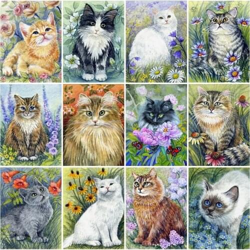 Evershine 5D DIY Diamond Painting Cat Full Square Diamond Embroidery Animal Diamond Mosaic Flower Wall Art Decorations
