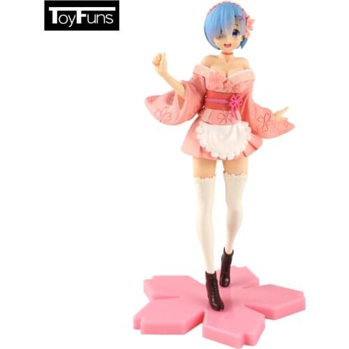 23cm Anime Re:Life In A Different World From Zero Ram Rem Uniform Kimono Girl Sakura Base PVC Action FIgure Model Toy Briquedos