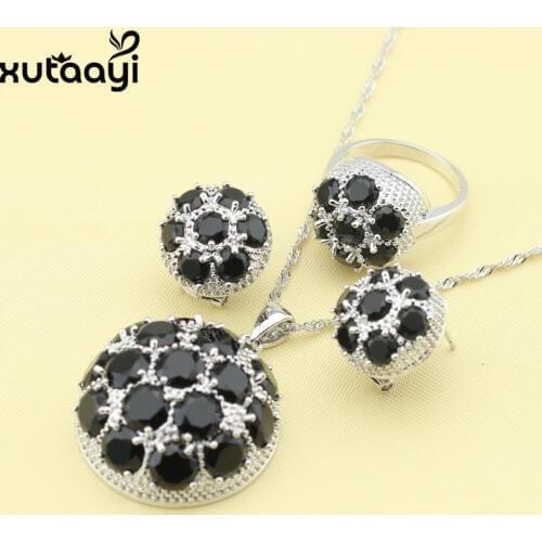Hot-selling Fashion Silver Jewelry Sets Huge Black Cubic Zirconia Sweet Necklace Rings Earrings Christmas Gift For Women