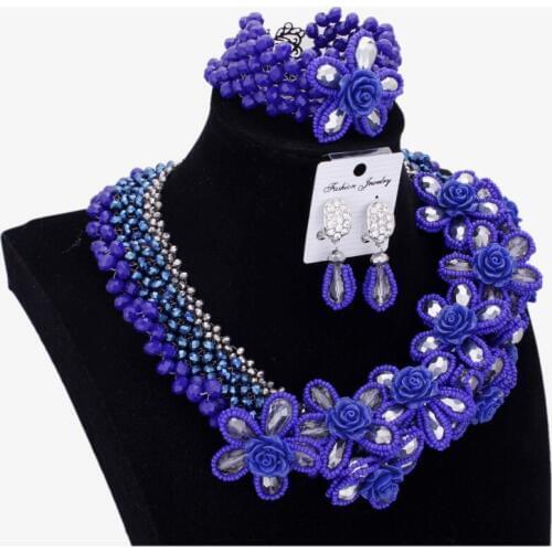 Fashion Jewelry Sets Womens Accessories Royal Blue Flowers African Bridal Jewellery Nigerian Wedding Beads Set 2018 New