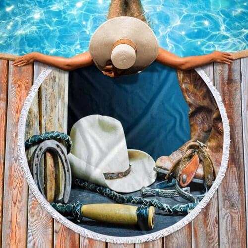 Hat Western Cowboy Retro Style Swimming Towel Microfiber Beach Towels Yoga Mat Shawl Round Tassel Beach Towel