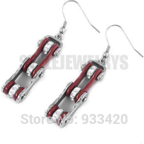 Free Shipping! Red Bicycle Chain Motor Earrings Stainless Steel Jewelry Bling Rhinestone Motorcycle Biker Earring SJE370121L B