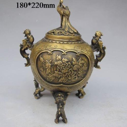 Chinese Bronze Dragon Phoenix Incense Burner w Peony & Lid w Phoenix