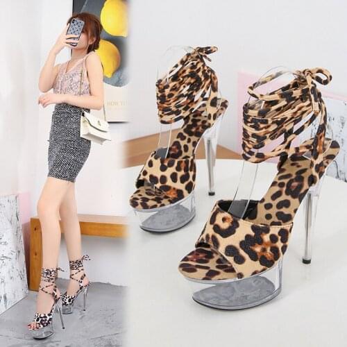 LEOPARD LAND Leopard Print Sexy 13cm15cm Super High Heels Stiletto Platform Sandals Transparent Crystal Shoes for Women LFD