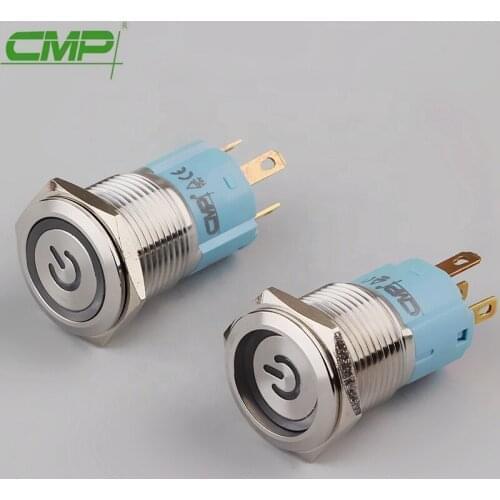 Metal Push Button Blue LED Light 16mm Momentary Power Symbol Power Symbol Self-locking Button Switch