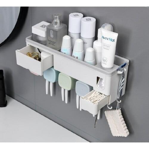 ABS Bathroom Shelf Toothbrush Storage Rack with Drawer Wall Mounted Toothbrush Holder Toothpaste Squeezer Set