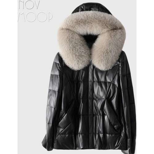 Novmoop dense fox fur hood genuine leather women down coat for winter formal and elegant style LT3290