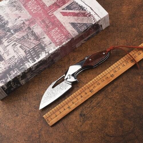Hunter Damascus Folding Knife Hunting Outdoor Camping Knife Serpentine Wood Handle Survival Rescue EDC Tool Knife