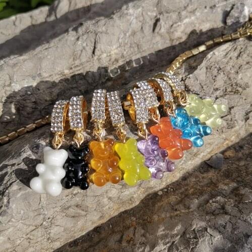 2021 Rainbow Colorful Jelly Teddy Bear Charm Rhinestone Chain Necklace Hip Hop Gummy Pendant Crystal Gold Color Necklace Jewelry