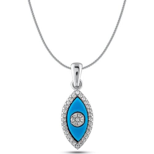 Solid 925 Sterling Silver Women Silver Eye Model Necklace Stonework Necklace Blue Silver Pendant