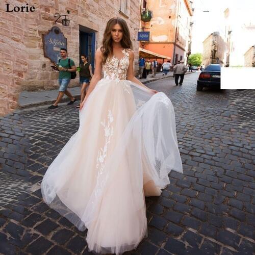 LORIE A-Line Wedding Dress Champagne Tulle Boho Bride Dresses Backless Vestido De Novia Princess Wedding Party Dress