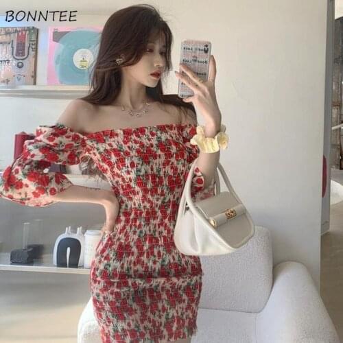 Dresses Women Puff Sleeve Print Holiday Party Mini Sexy Ladies Clothes Chic Elegant Harajuku Ulzzang Classic Retro Newest Cozy