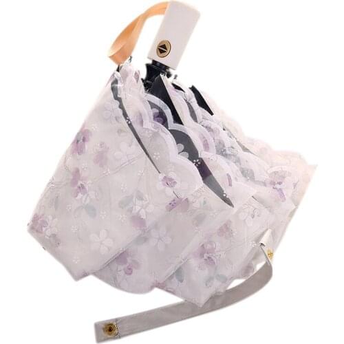 Fully Automatic Lace Sun Umbrella Three-Folding Double Layer Anti-UV Sun and Rain Dual-Purpose Parasol Ladies Umbrella