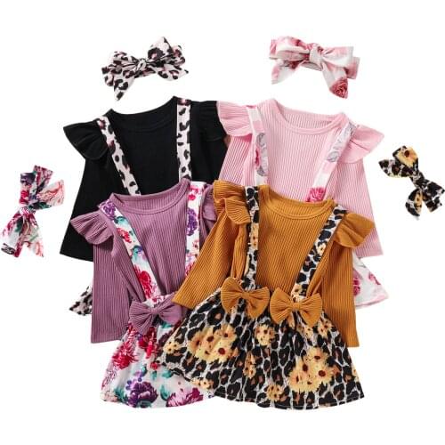 3 Pcs Baby Girl Casual Outfits Ribbed Fly Sleeve Round Neck Pullover + Flower/Leopard Print Suspender Skirt + Bowknot Headband