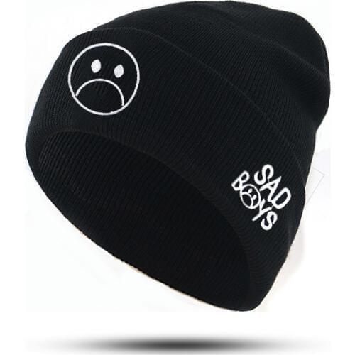 Sad Boy hat 100% cotton flexible soft sad face embroidery knitted hats fashion beanie cap for winter autumn warm ski caps unisex