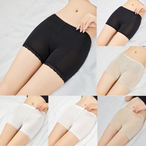 Women Girl Summer Plus Size Safety Pants Traceless Lace Trim Flat End Solid Color Stretchy Underpants Mid Rise Thin Boxer Shorts