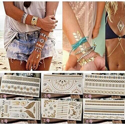 1PC New Arrivals Temporary Tattoo Stickers Vintage Women Kids Body Art Star Feather Golden Metallic Water Transfer Flash Tatoo