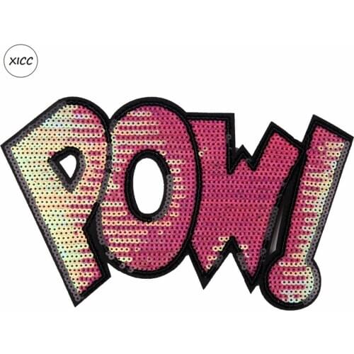 XICC Cartoon Big Size Letters POW Sequin Badge Iron On Appliques Patches Pink Color Fashion Design Sticker For Jeans Clothing