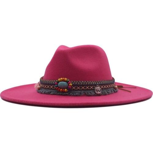 Autumn Womens Classic Wide Brim Floppy Panama Hat Belt Buckle Ethnic Style Winter Wool Fedora Hat