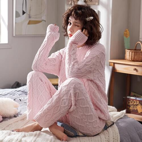 Womens Pajamas Autumn/winter Chenille Fashion Round colla Simple Casual Sports Wide-leg Pants Sleepwear Home Wear Warm Pajamas