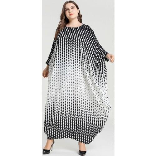 Large Size Womens Skirt Printed with Bat Sleeves and Long Sleeves Casual Muslim Arabian Dress