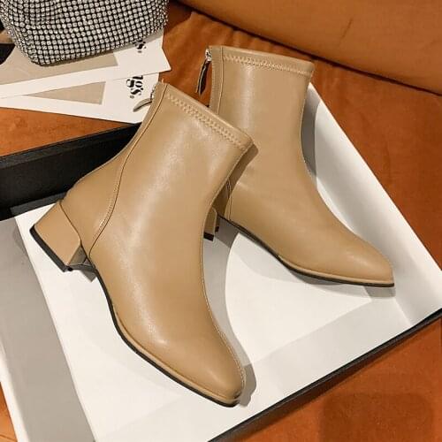 2021 Hot New Low Heels Shoes Women Ankle Boots Square Toe Elegant Wild Chelsea Boots Women Soft PU Leather Comfort High Heels