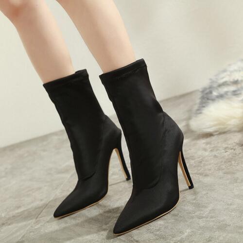 2020 Fashion Women Autumn Boots Knitting Pointed Toe Stretch Sock Boots Thick High Heels Ankle Botas Mujer Black Woman Shoes