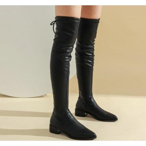 Ladies Over-The-Knee Boots New Fashion Lace-Up Comfortable Low-Heeled Shoes Female Pointed Elastic PU Boots Autumn Winter