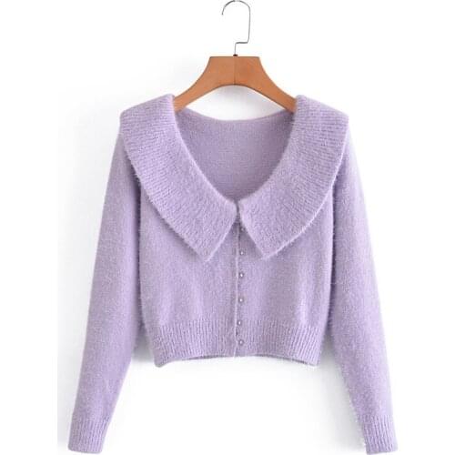 MESTTRAF Women 2021 Fashion Solid Color Slim Knit Sweater Retro Long Sleeve Lapel Knit Cardigan Streetwear