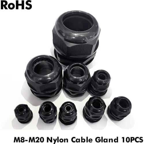 10pcs/lot IP68 M8 for 2-4.8mm M16 M18 M20 Wire Cable Rohs White/Black Waterproof Nylon Plastic Cable Gland Connector
