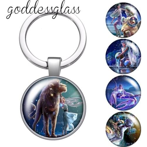 12 constellations Animals Zodiac Signs round glass cabochon keychain Bag Car key chain Ring Holder Charms keychains Gifts