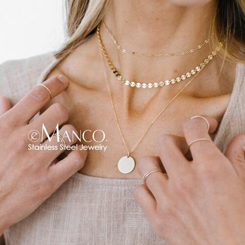 EManco 3 PCS Not Fade Real 316L Stainless Steel Necklace women Minimalist Choker Necklace 15mm Pendant Necklace for women