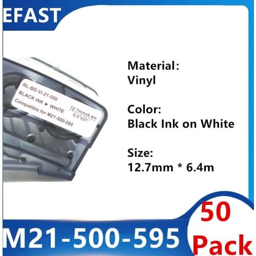 50 Pack M21 500 595 Vinyl Label Ribbon Black On White Label Tape For BMP21 PLUS Printer Wire Marking Sleeves 12.7mm * 6.4m