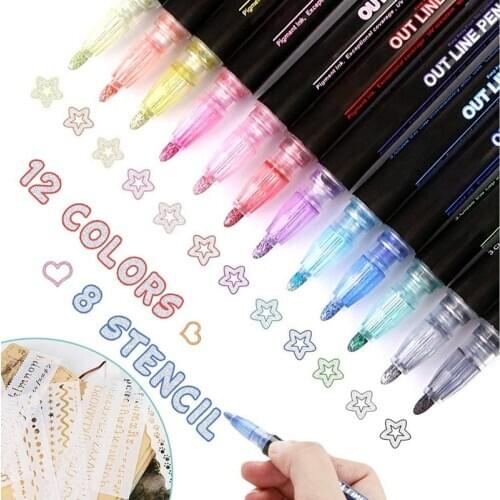 8/12Pcs Colors Outline Fluorescent Pen Kawaii Metallic Double Lines Art Markers Highlighter Marker For Drawing School Supplies