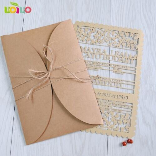 Free shipping 25set inc86 Kraft Wedding Cards Rustic Invitations Envelope & seal & hemp rope with Free word Invites Custom text