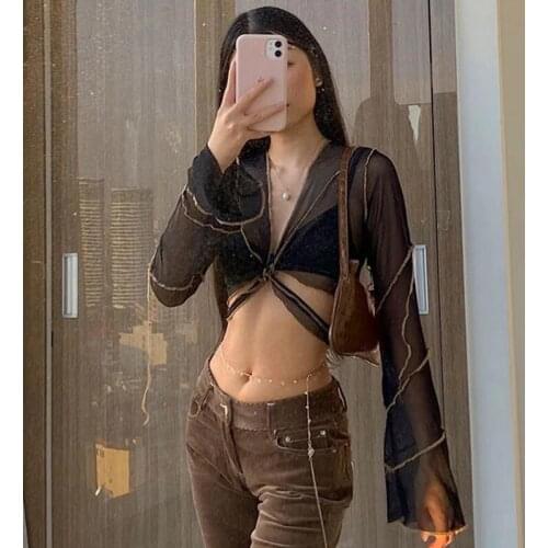 Fashion woman blouses 2021 Womens Блузки polo shirts Flare Sleeve T-shirts Mesh Goth Y2K Deep V-Neck Outfits grunge clothes